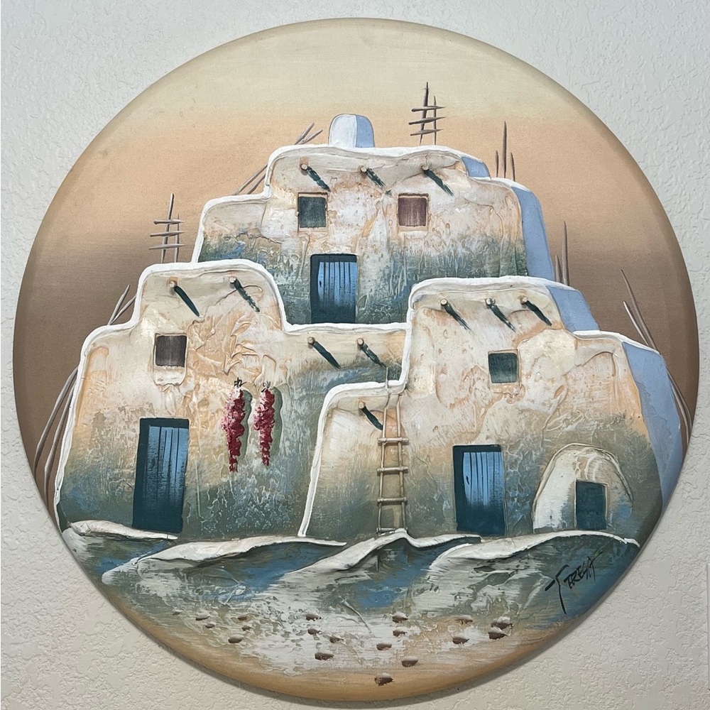 Original Southwest 3D 27” Round Oasis Adobe Oil Painting by TERESA Bernard